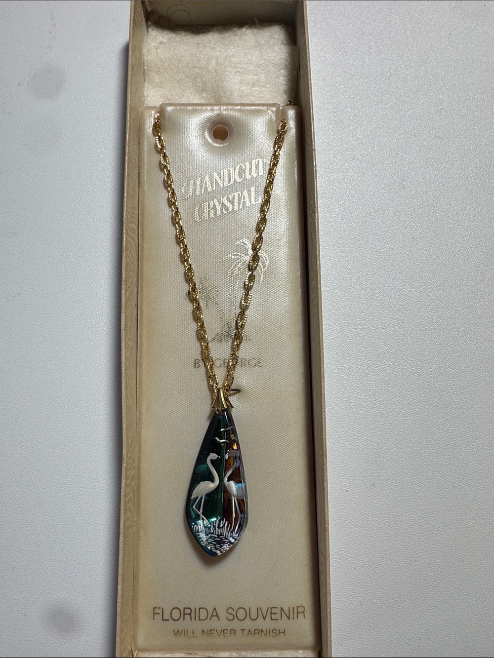 Vintage Florida Souvenir Gold-Tone Crystal Flamingo Pendant Necklace